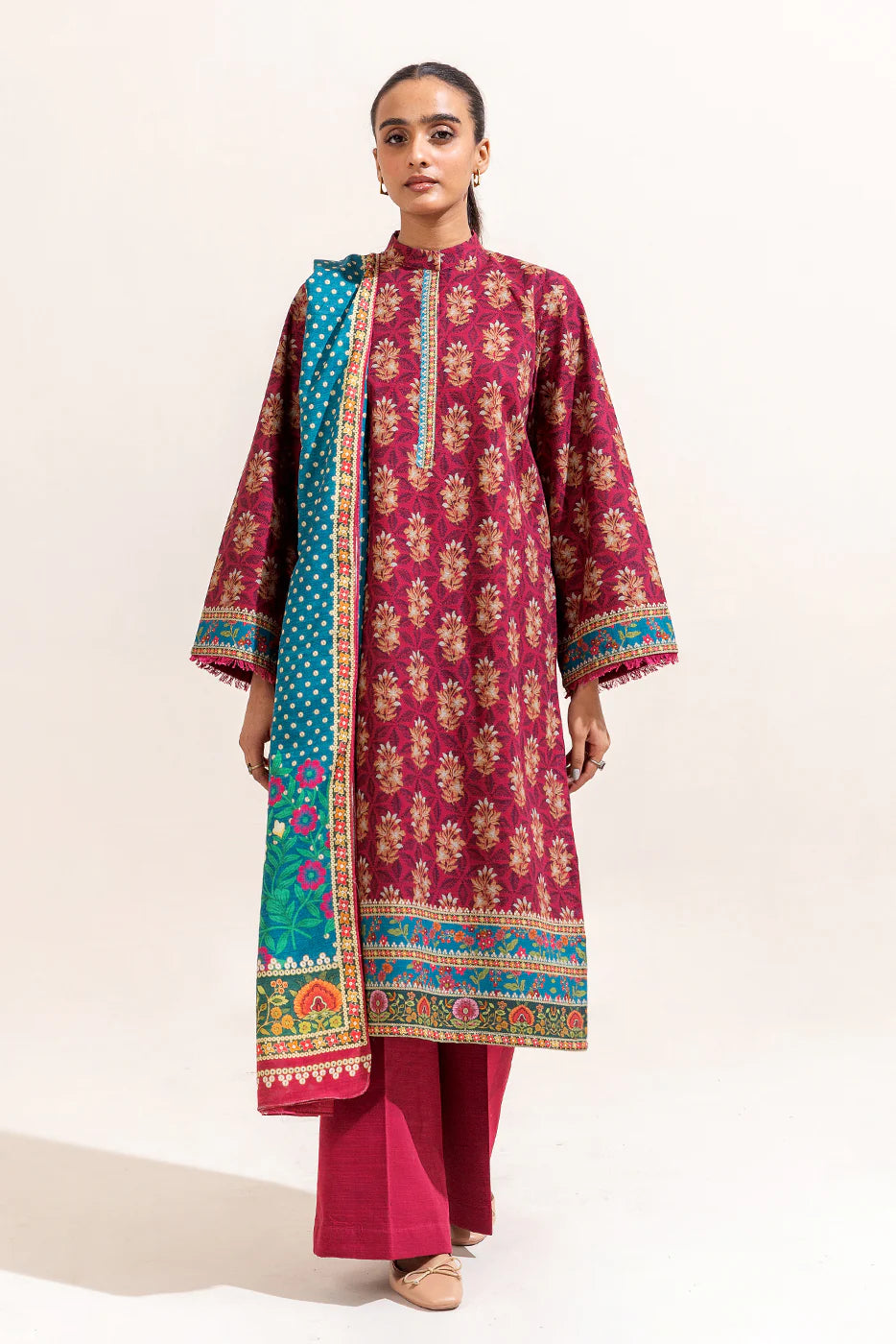 3 Piece Printed Khaddar Suit Mulberry Fern