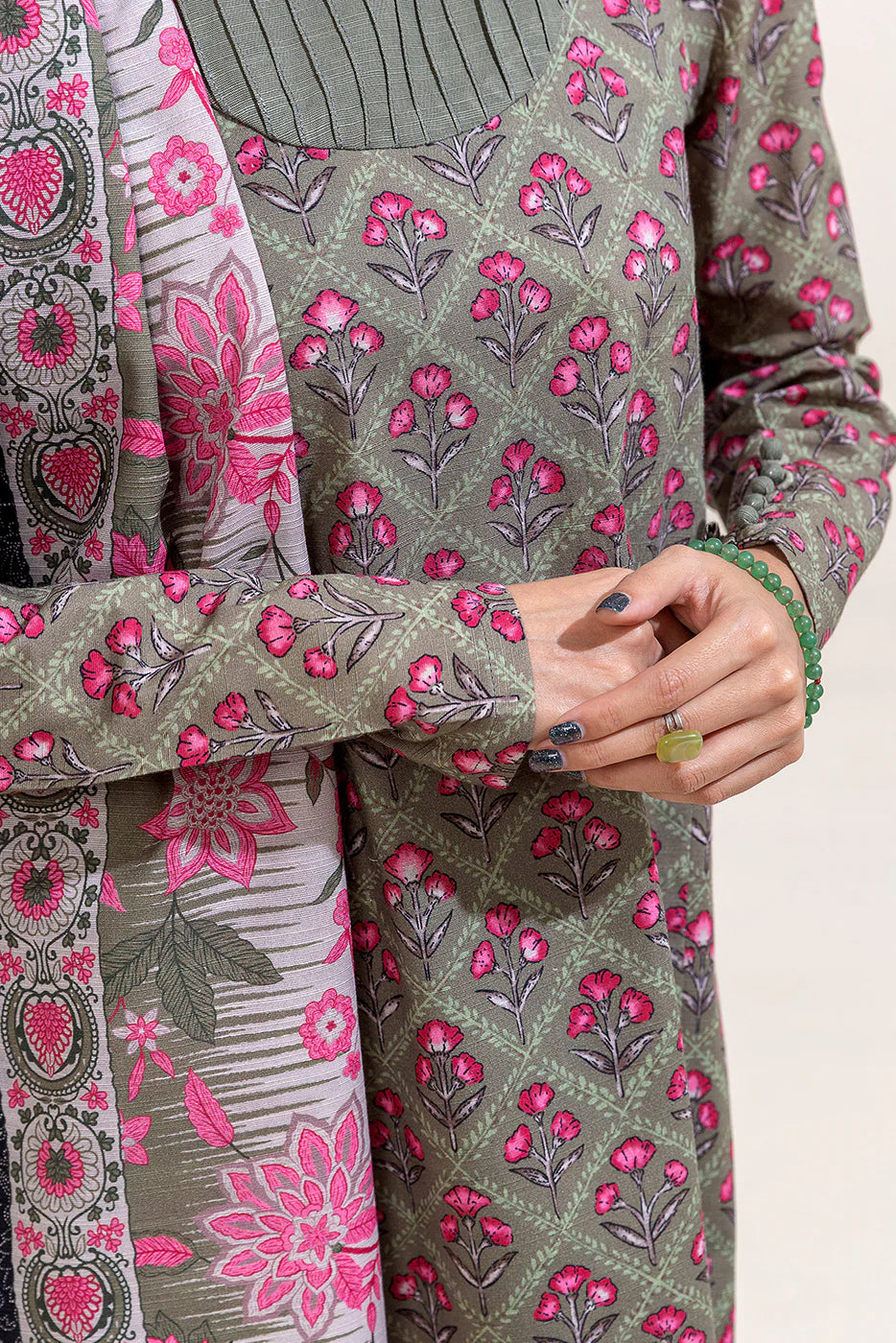3 Piece Printed Khaddar Suit Sage Bloom