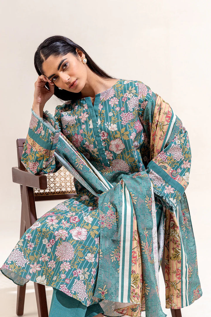 3 Piece Printed Khaddar Suit Turquoise Gloom