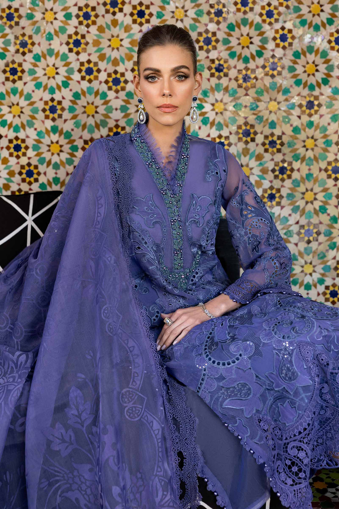 3 Piece Violet Embroidered Organza Suit | D-2506-B