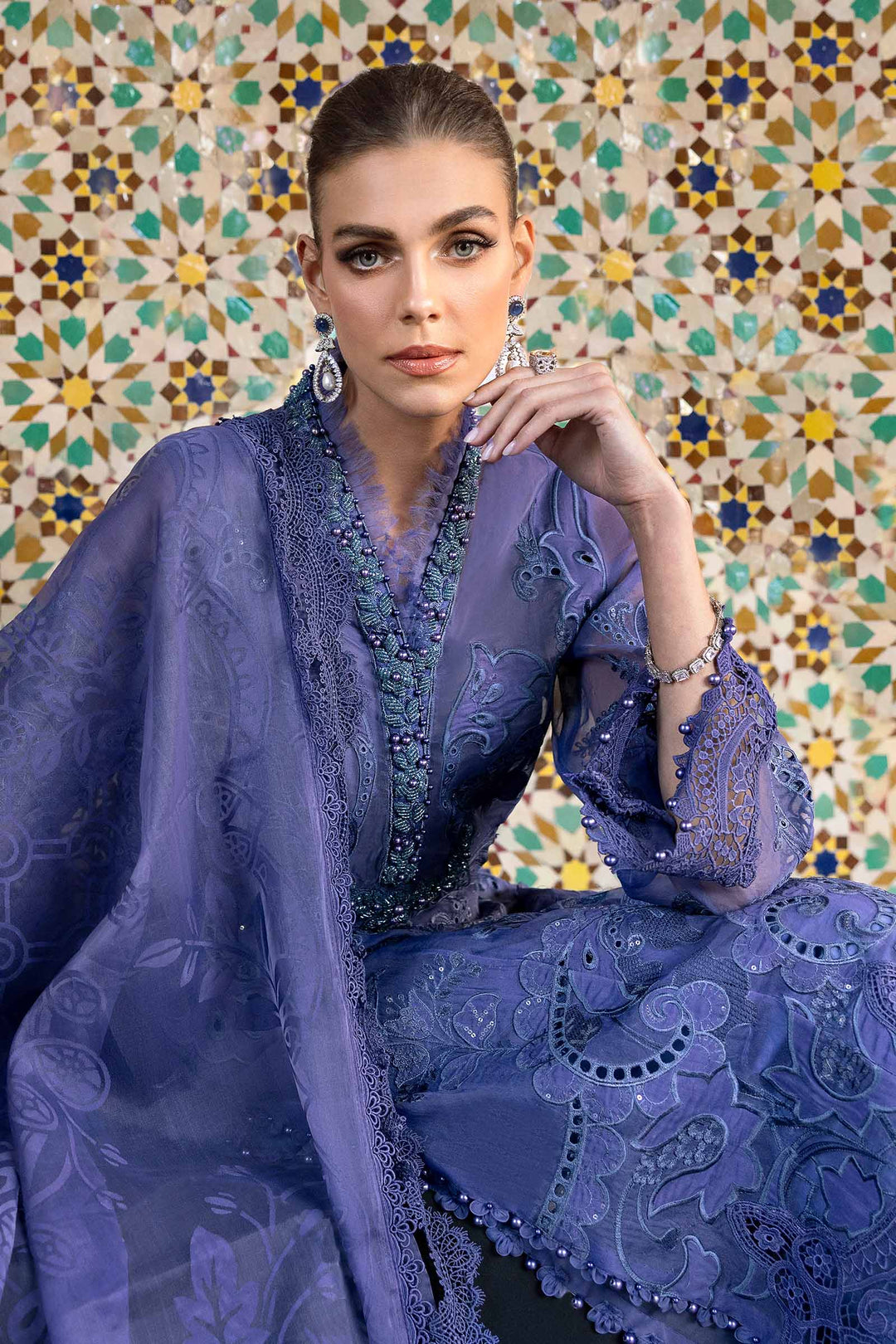 3 Piece Violet Embroidered Organza Suit | D-2506-B