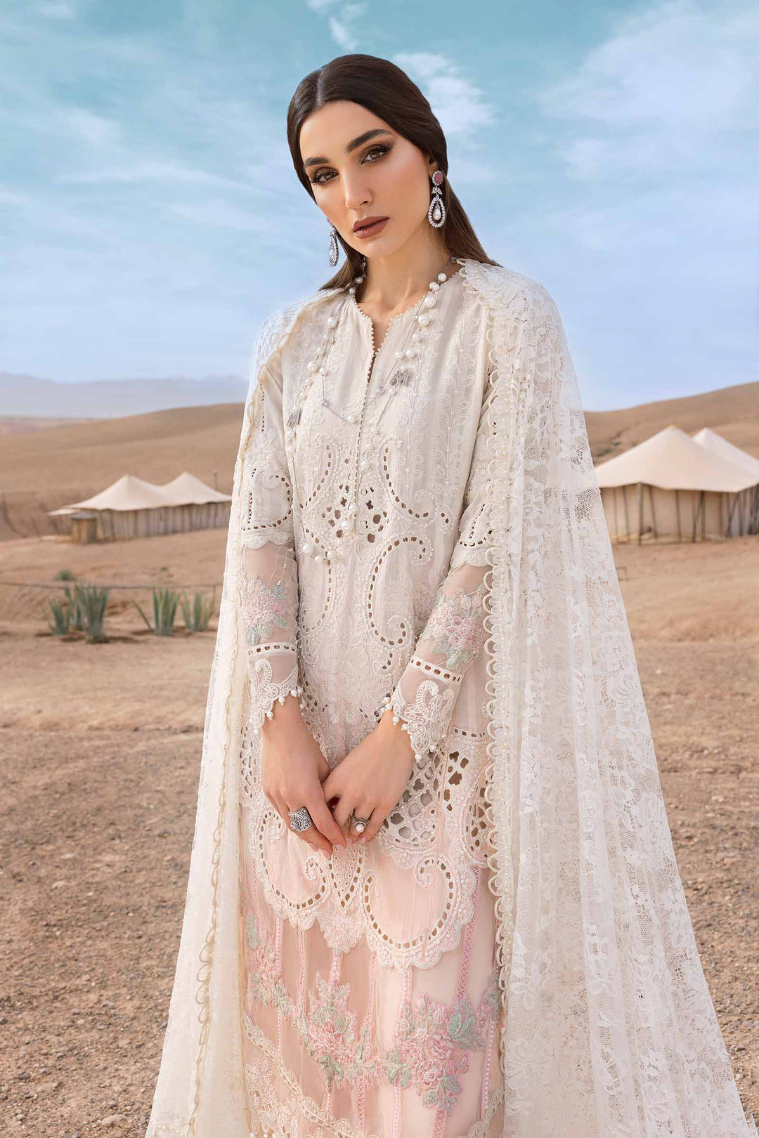 3 Piece White Embroidered Dobby Lawn Suit | D-2515-A