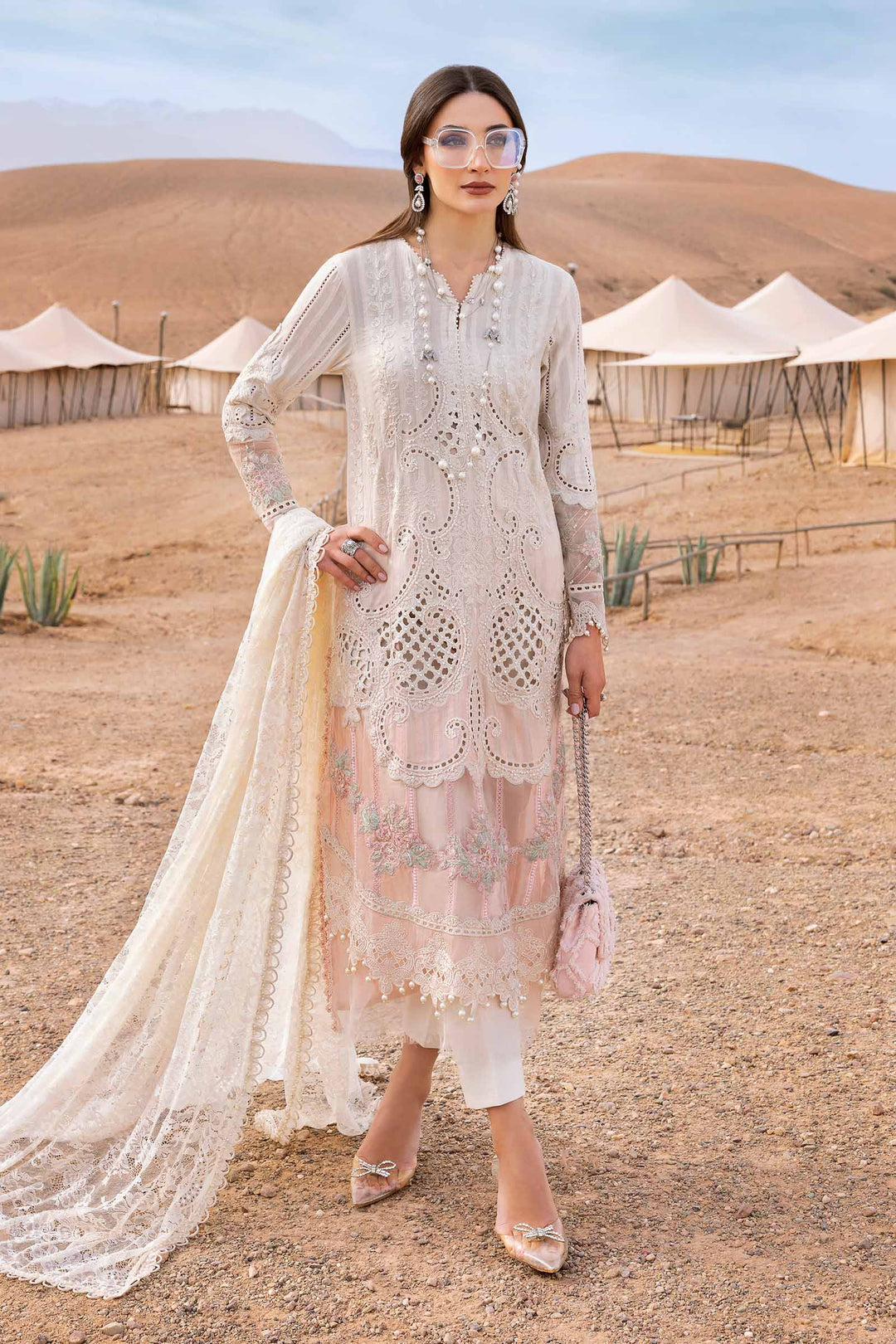 3 Piece White Embroidered Dobby Lawn Suit | D-2515-A