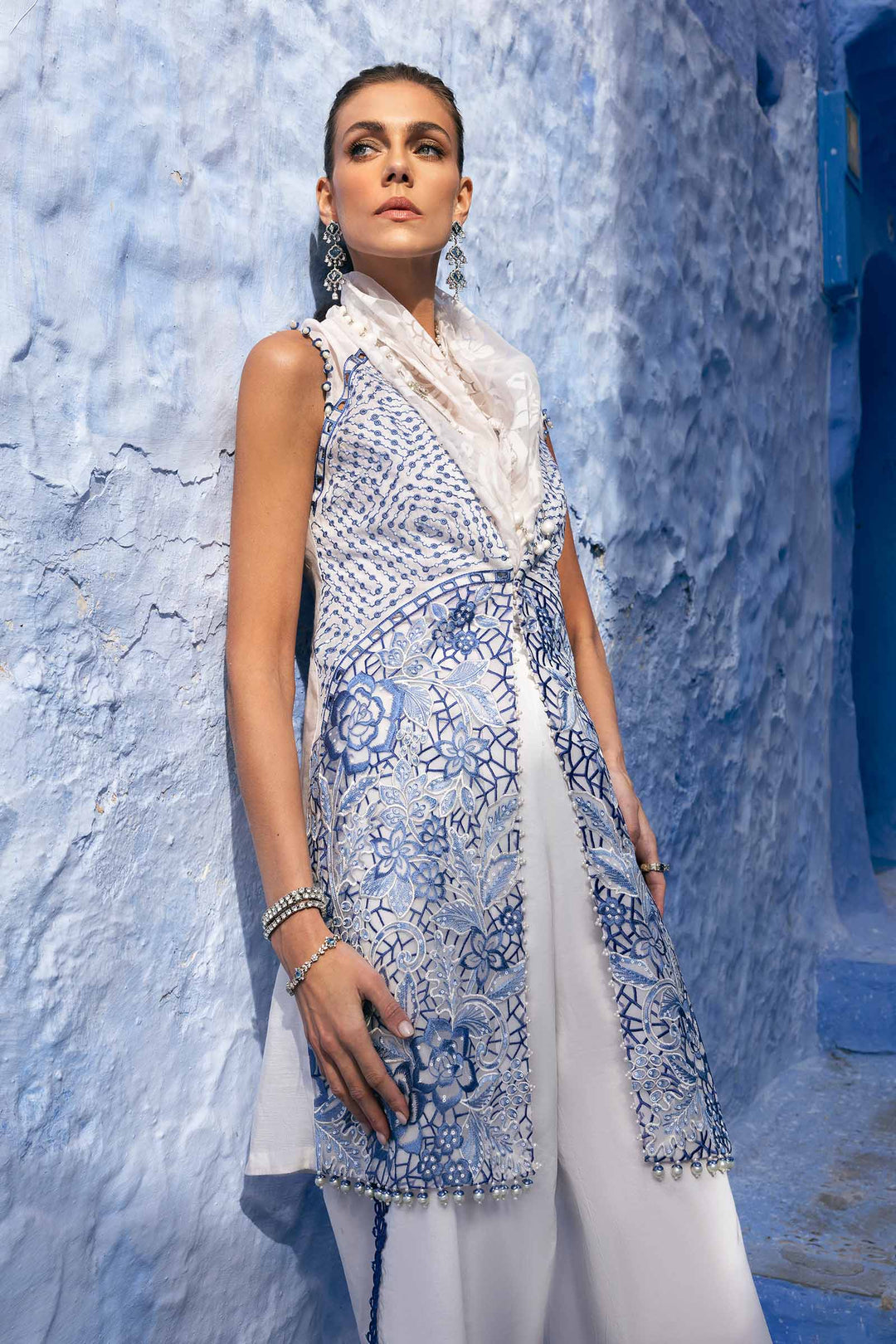 3 Piece White Embroidered Paper Cotton Suit | D-2510-A