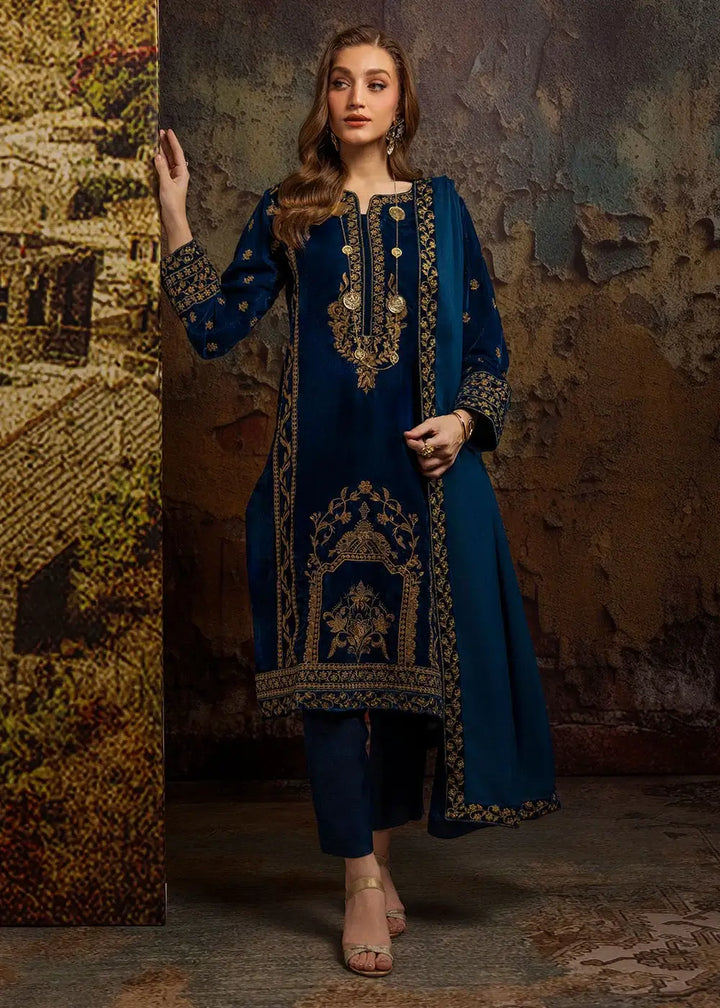 Antique Blue Embroidered Velvet Suit – Merakish 3-Piece Unstitched