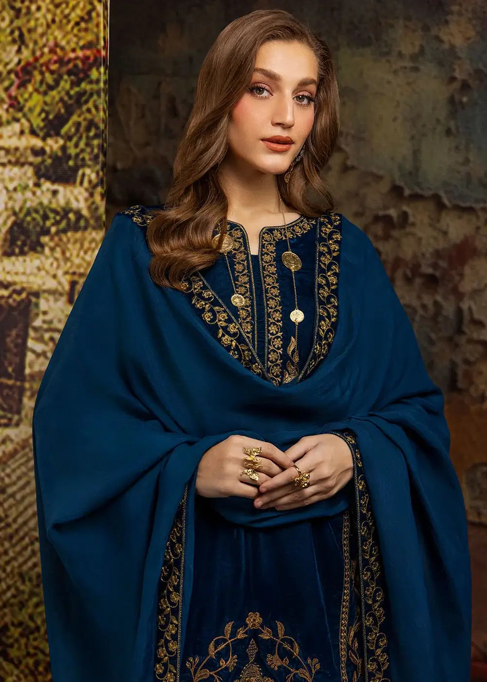 Antique Blue Embroidered Velvet Suit – Merakish 3-Piece Unstitched