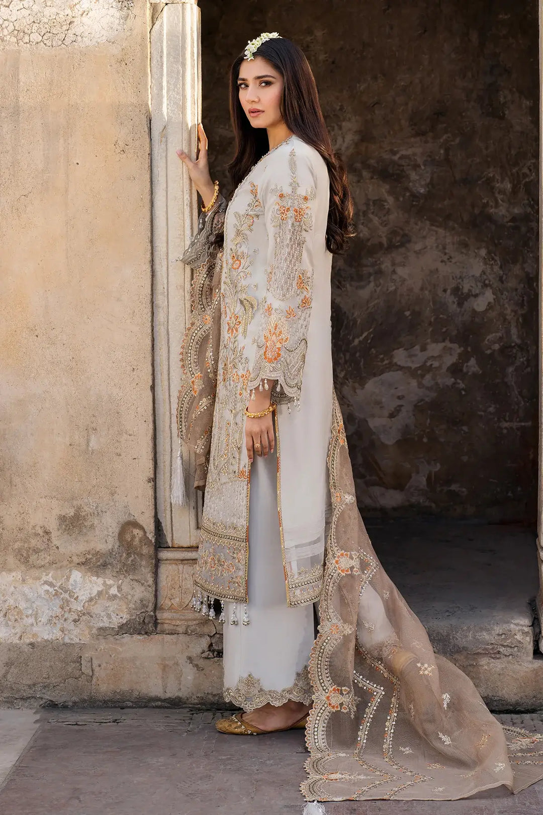 Mushk 3-Piece Unstitched Luxury Organza Suit Gray