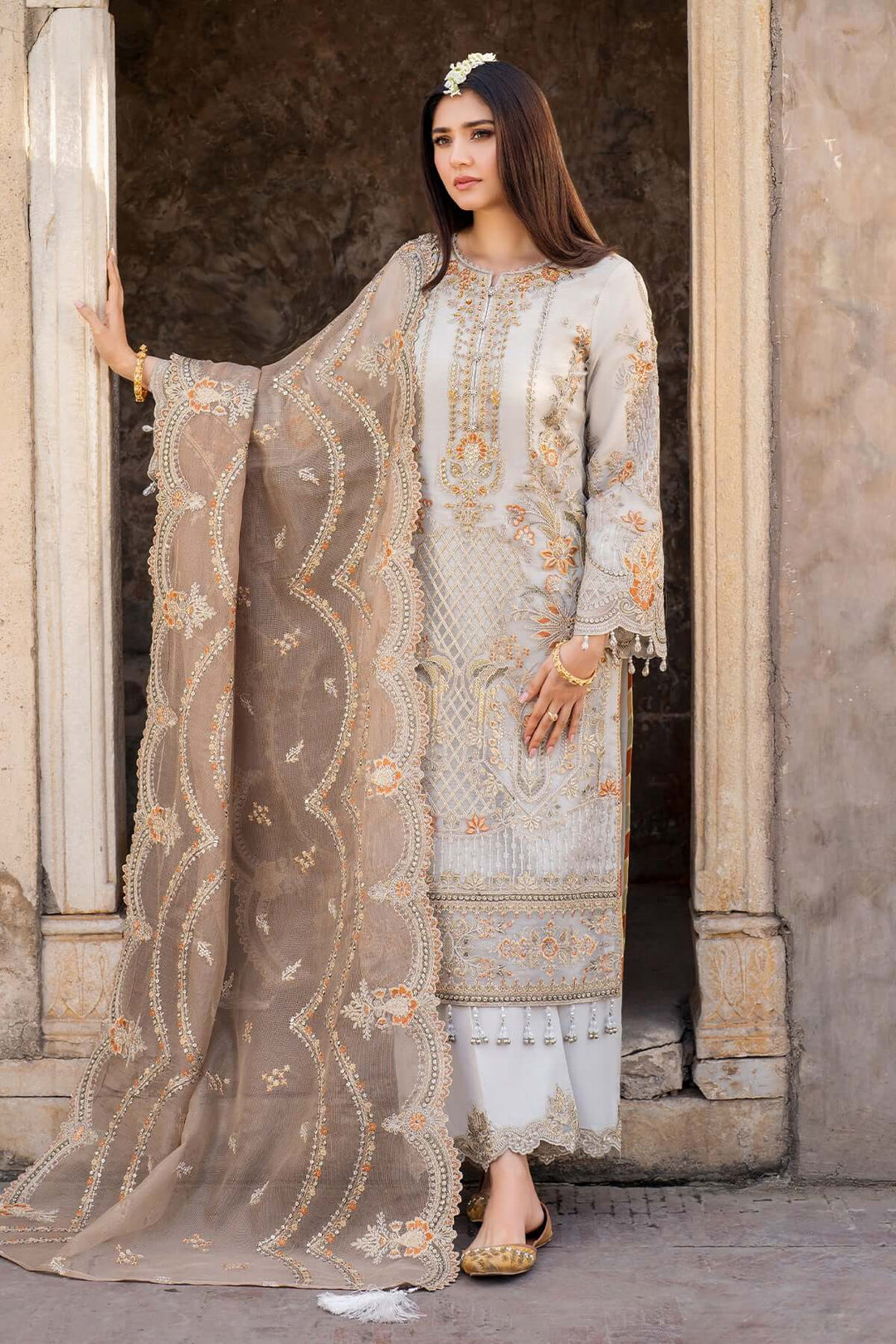 Mushk 3-Piece Unstitched Luxury Organza Suit Gray