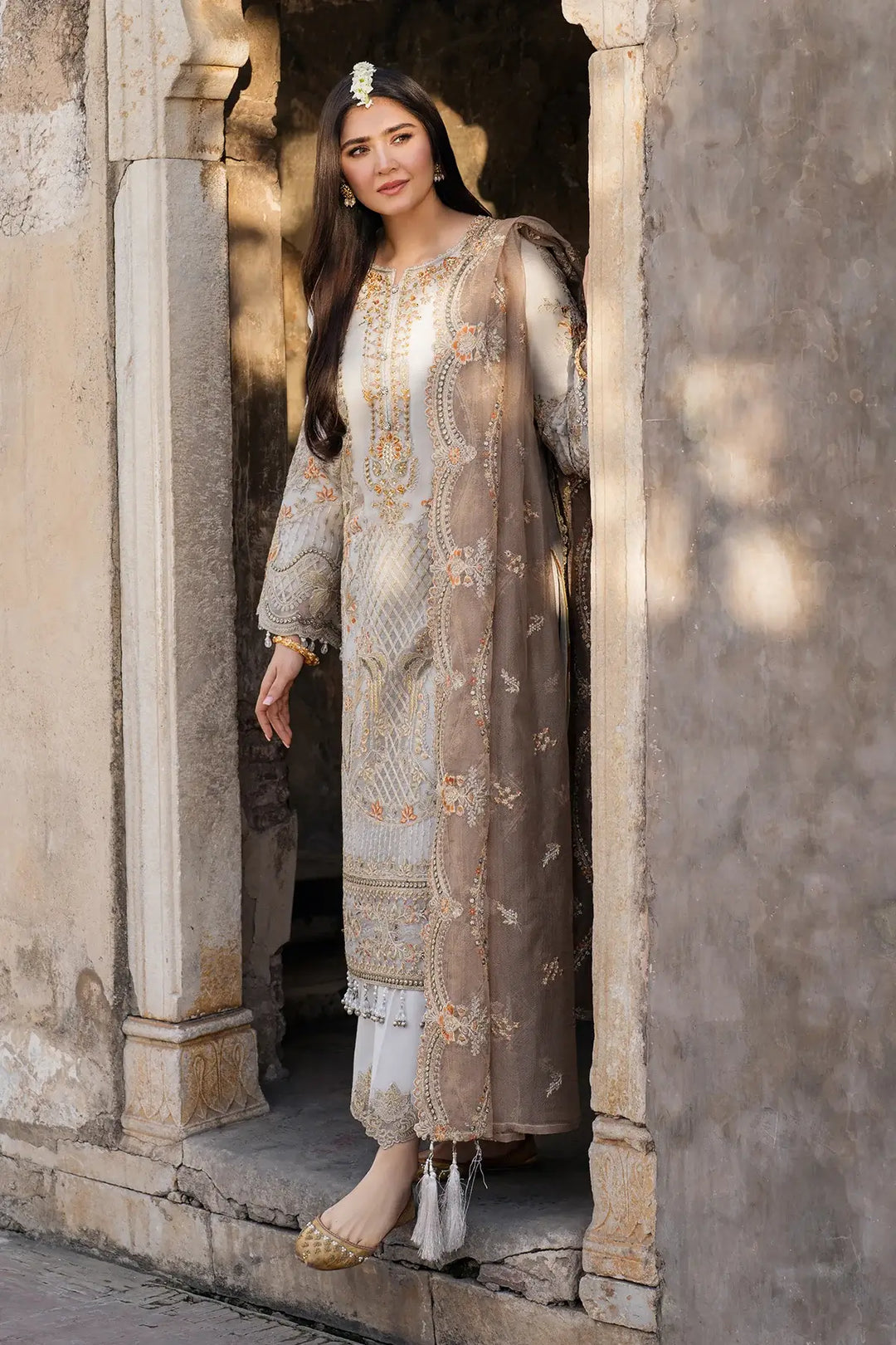 Mushk 3-Piece Unstitched Luxury Organza Suit Gray