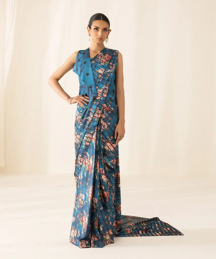 Teal Printed Silk Saree