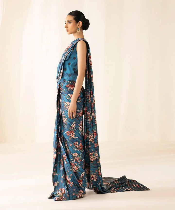 Teal Printed Silk Saree