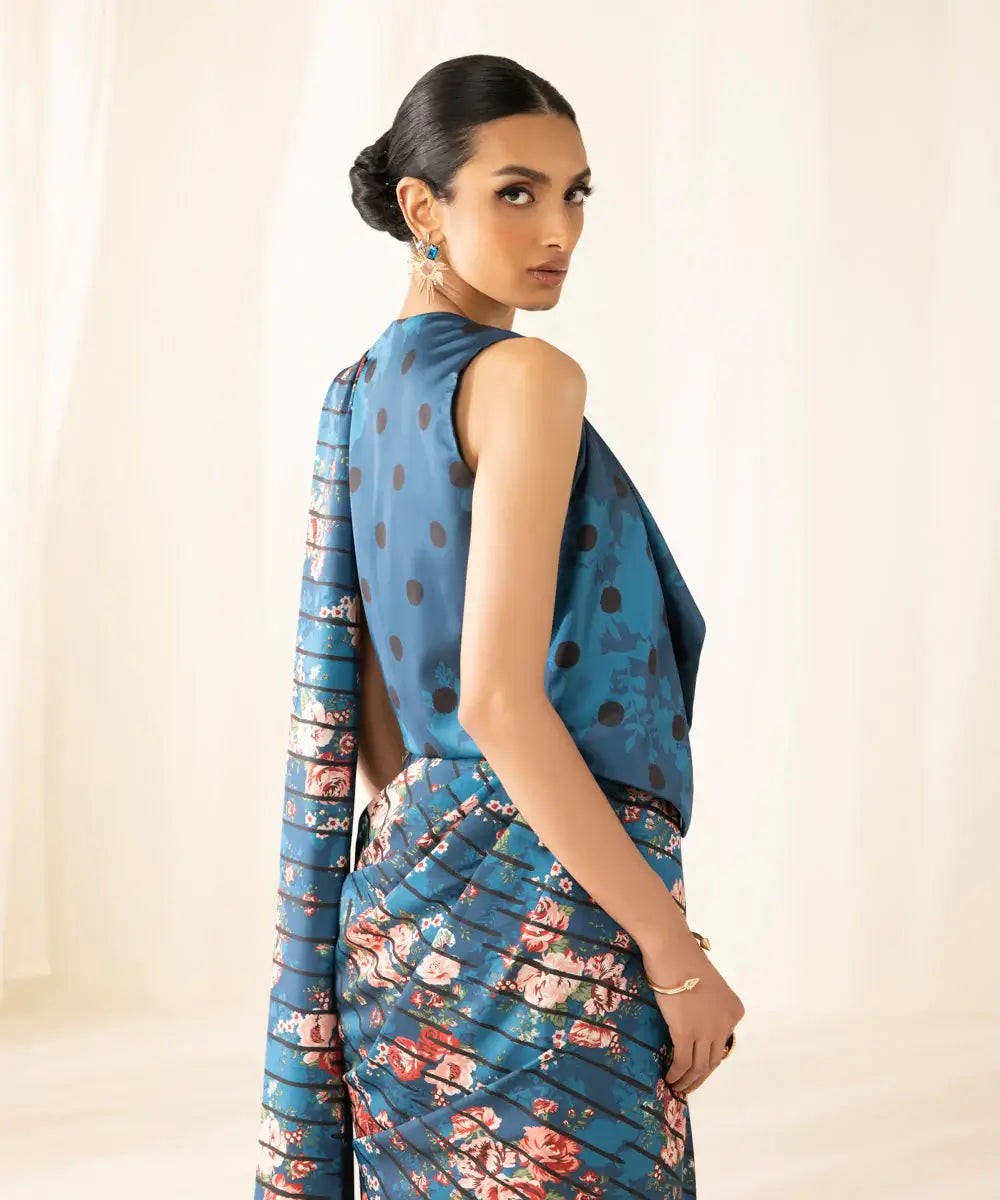 Teal Printed Silk Saree