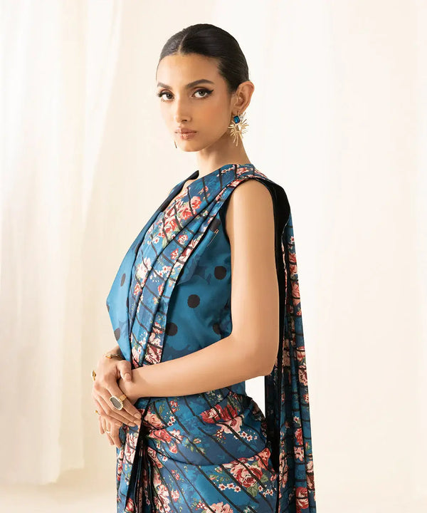 Teal Printed Silk Saree