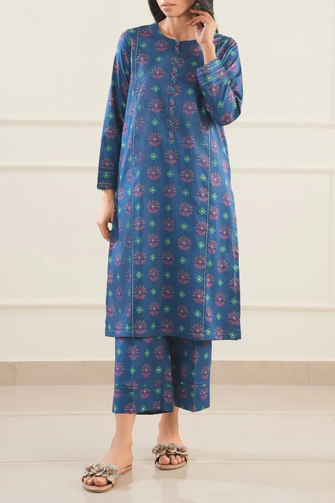 Unstitched Printed Lawn 2 Piece Blue Color (Shirt/Trouser)