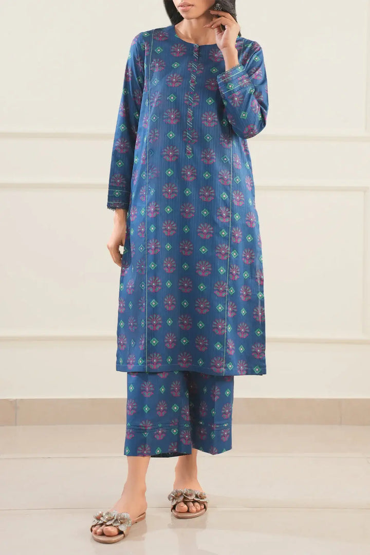 Unstitched Printed Lawn 2 Piece Blue Color (Shirt/Trouser)