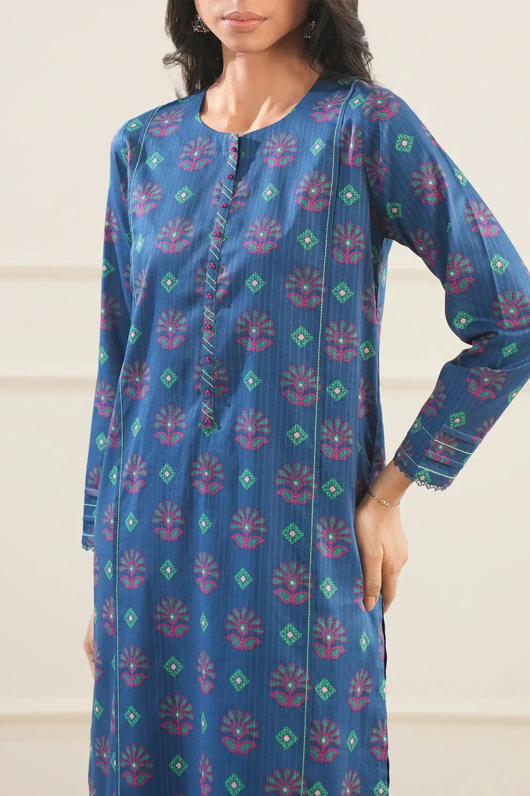 Unstitched Printed Lawn 2 Piece Blue Color (Shirt/Trouser)