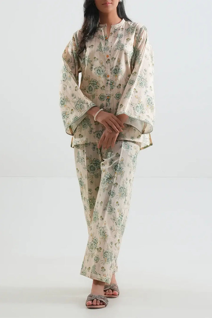 Unstitched Printed Lawn 2 Piece Light Beige (Shirt/Trouser)