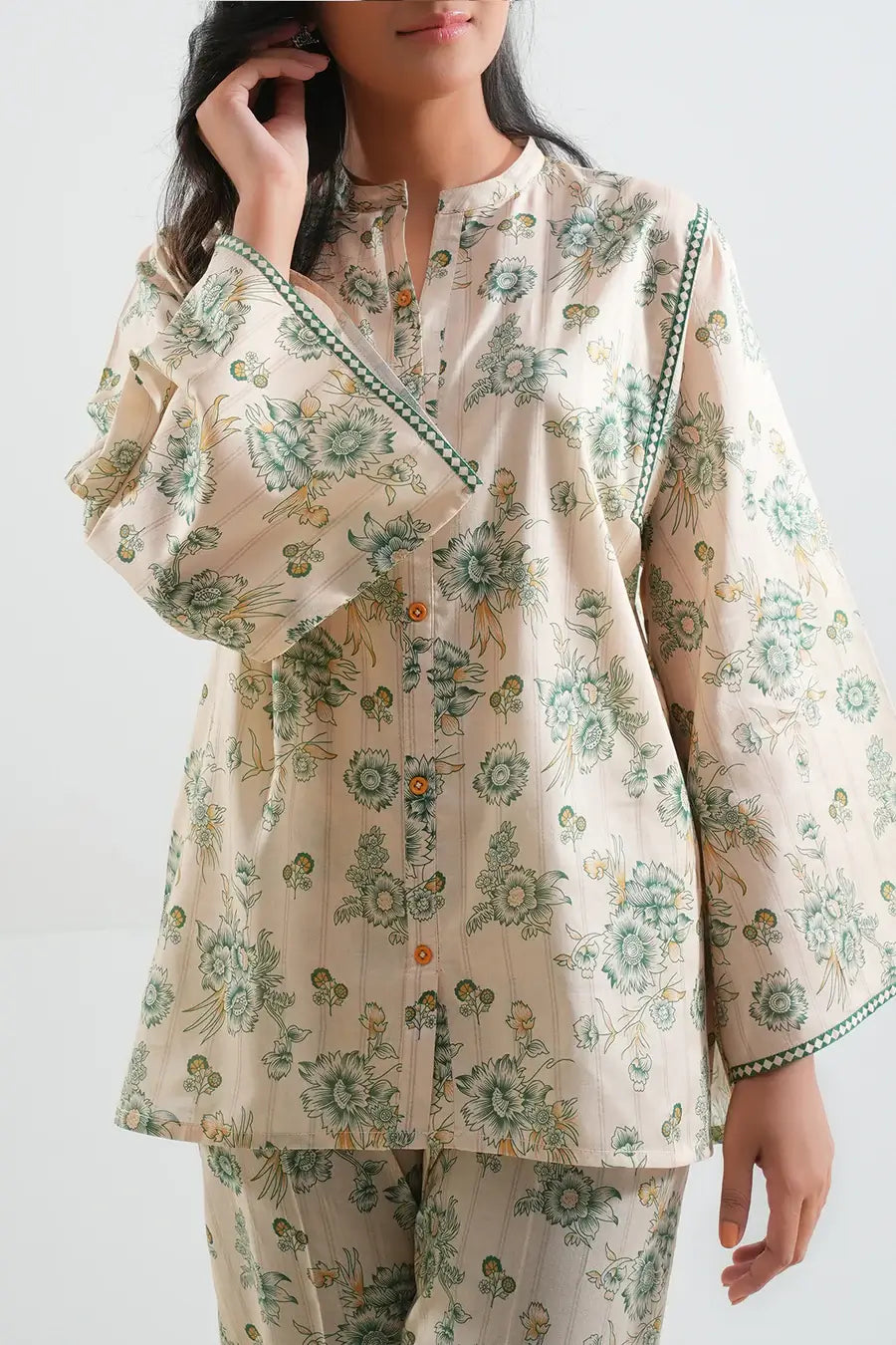 Unstitched Printed Lawn 2 Piece Light Beige (Shirt/Trouser)