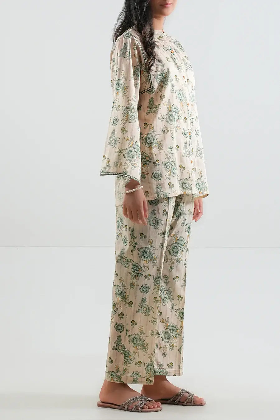 Unstitched Printed Lawn 2 Piece Light Beige (Shirt/Trouser)