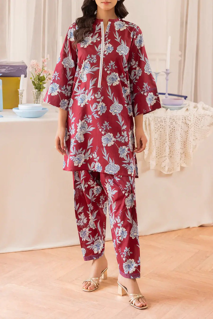 Unstitched Printed Lawn 2 Piece Maroon (Shirt/Trouser)