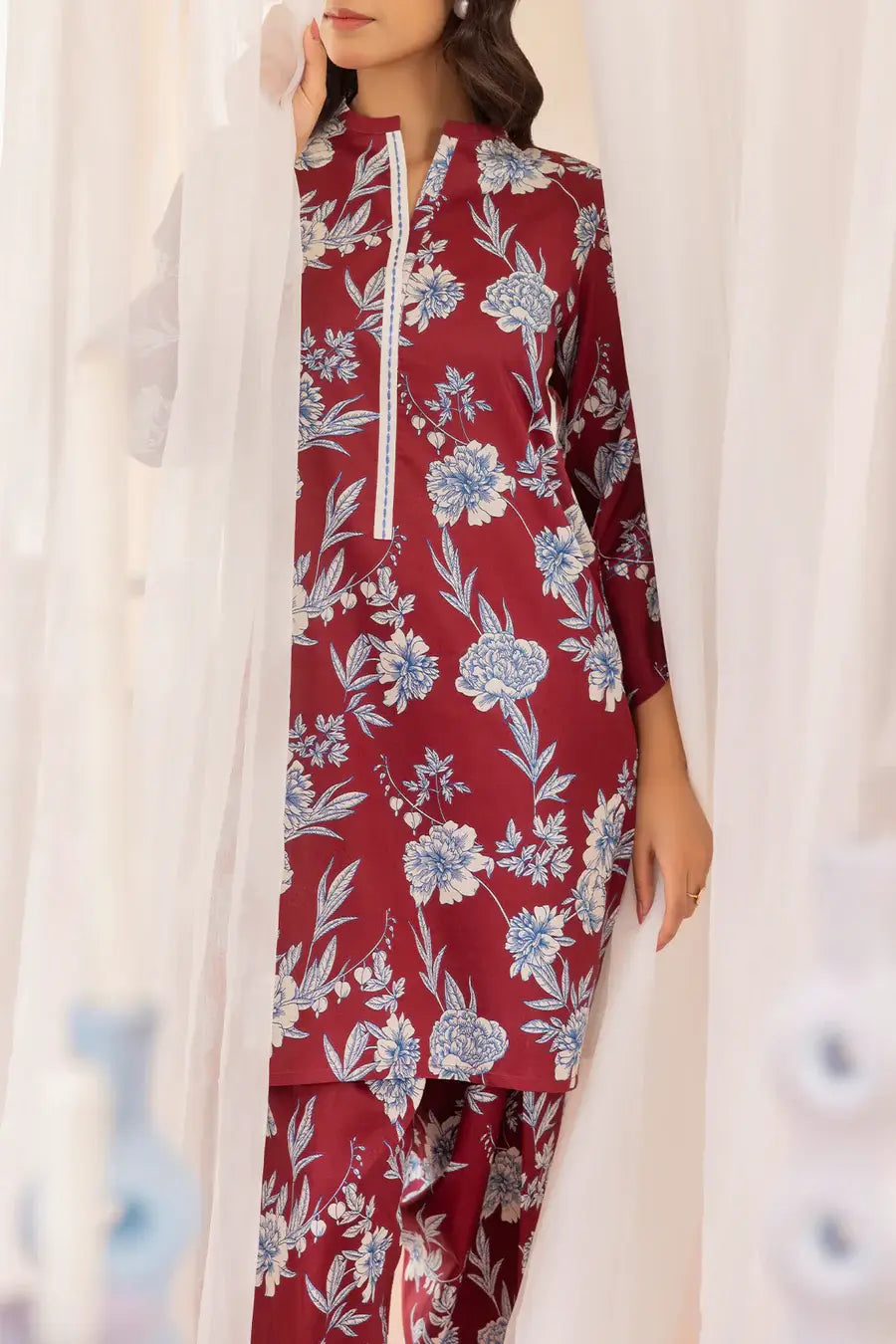 Unstitched Printed Lawn 2 Piece Maroon (Shirt/Trouser)