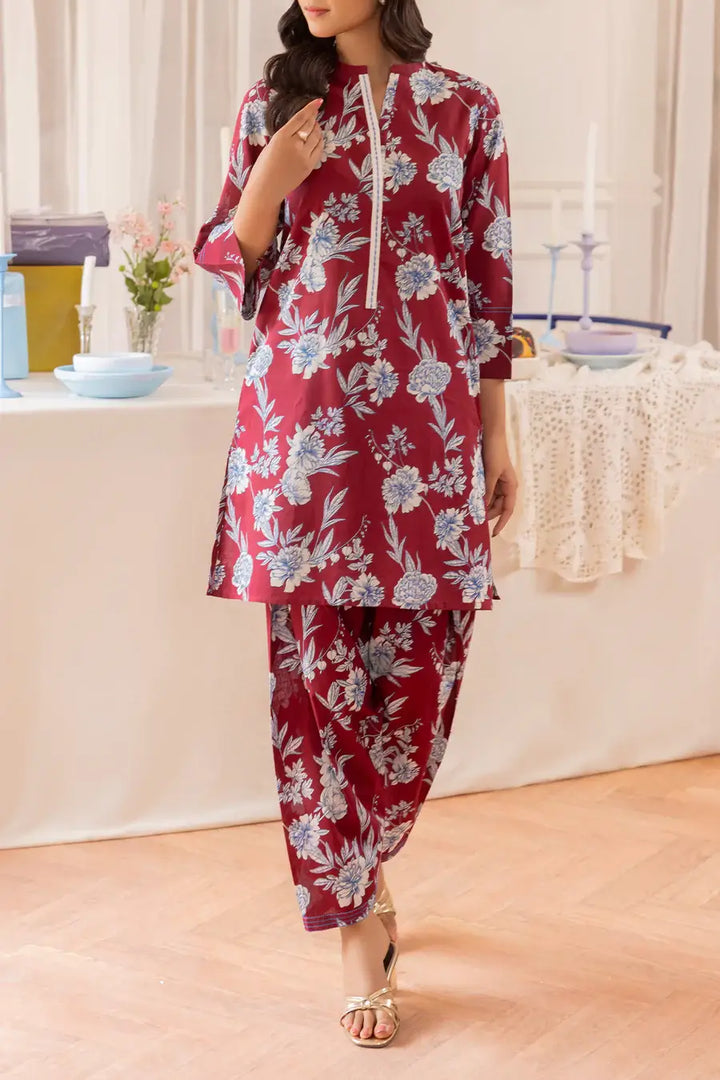 Unstitched Printed Lawn 2 Piece Maroon (Shirt/Trouser)