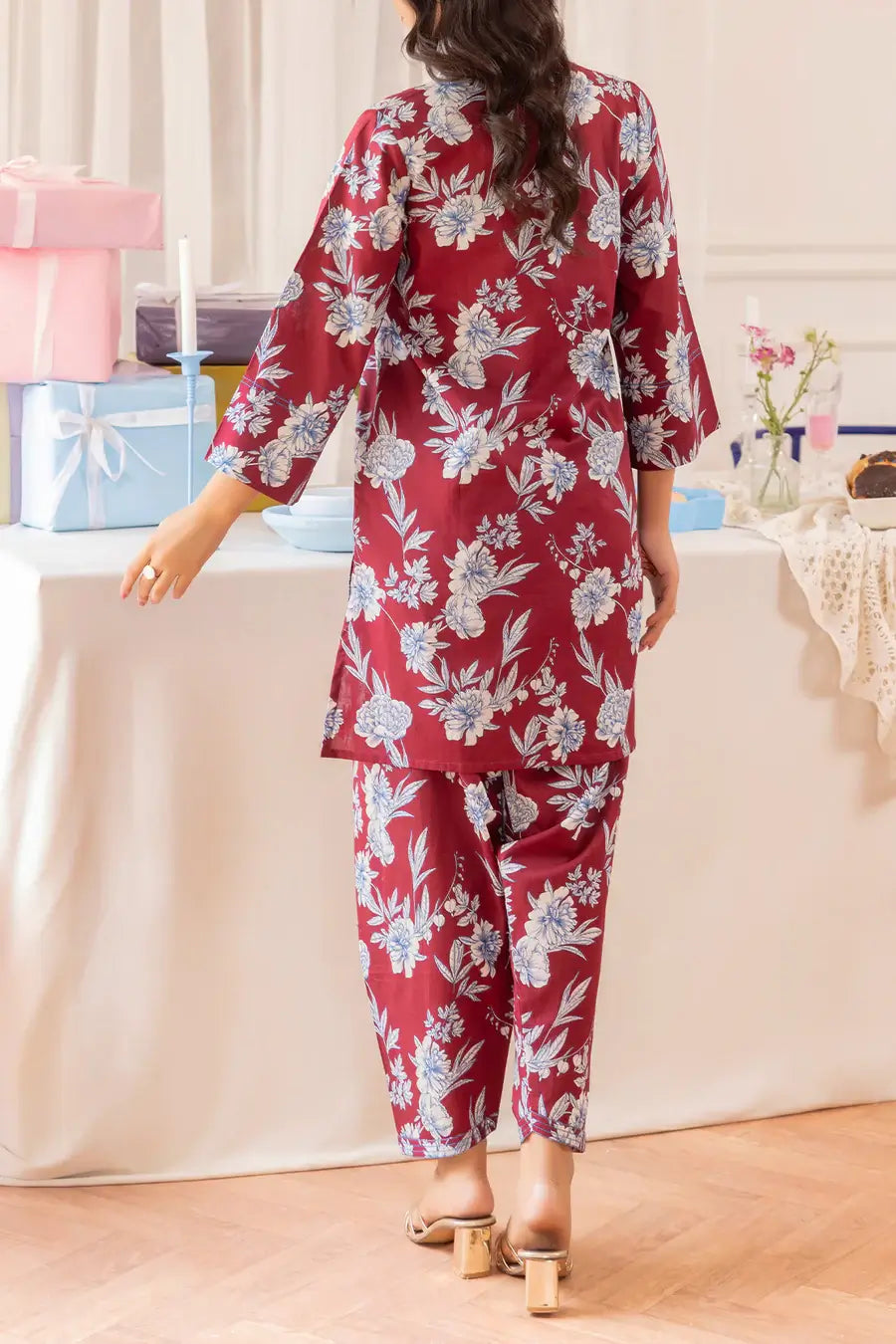Unstitched Printed Lawn 2 Piece Maroon (Shirt/Trouser)
