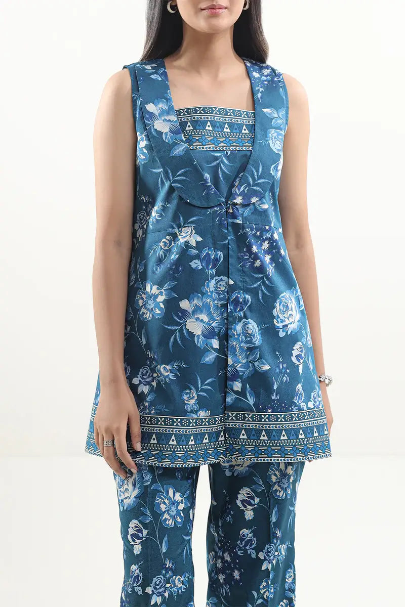 Unstitched Printed Lawn 2 Piece Teal Blue (Shirt/Trouser)