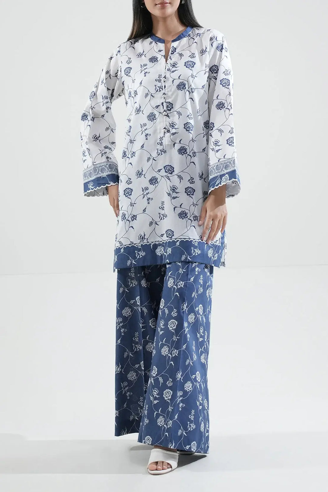 Unstitched Printed Lawn 2 Piece White Color (Shirt/Trouser)