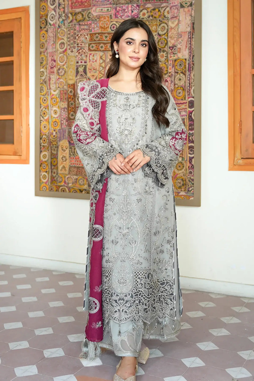Zareen 3-Piece Unstitched Luxury Organza Suit Gray